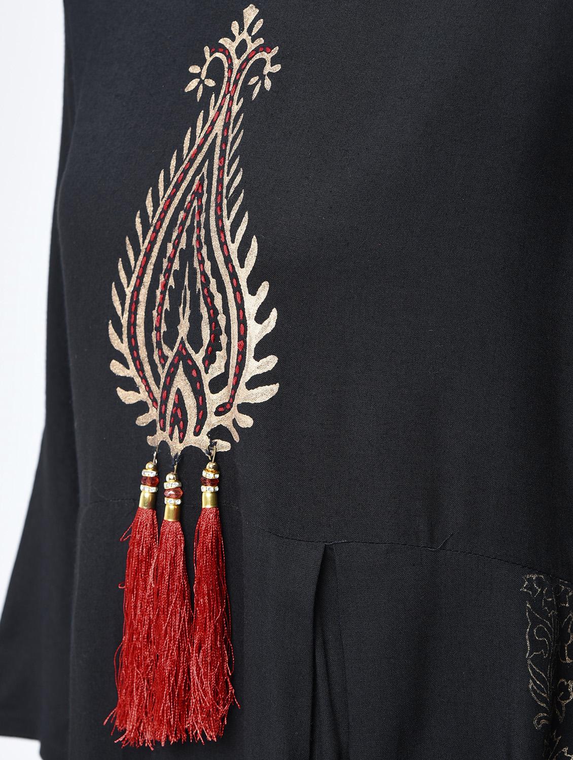 Foil print a-line kurta with tassels - 15606728 - Zoom Image - 5