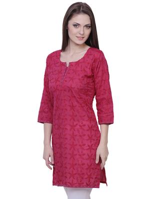 fuchsia chikankari straight solid kurti - 15607903 - Standard Image - 2