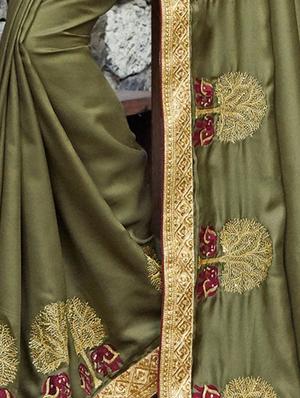Olive green bordered saree with blouse - 15608423 - Standard Image - 2