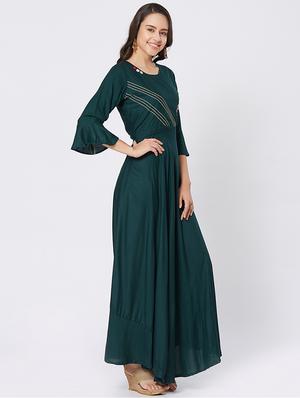 Teal bell sleeves Embroidered flared dress - 15609738 - Standard Image - 2