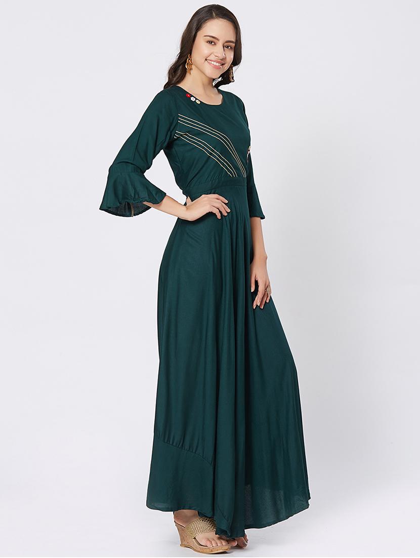 Teal bell sleeves Embroidered flared dress - 15609738 - Zoom Image - 2
