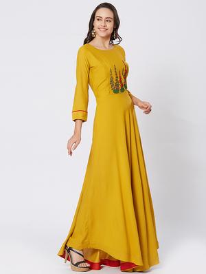 Mustard Embroidered flared kurta - 15609739 - Standard Image - 2