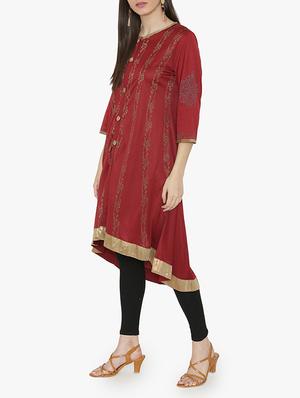Rust high low block print kurta - 15611873 - Standard Image - 2