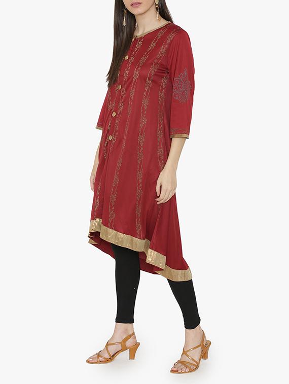 Rust high low block print kurta - 15611873 - Zoom Image - 2