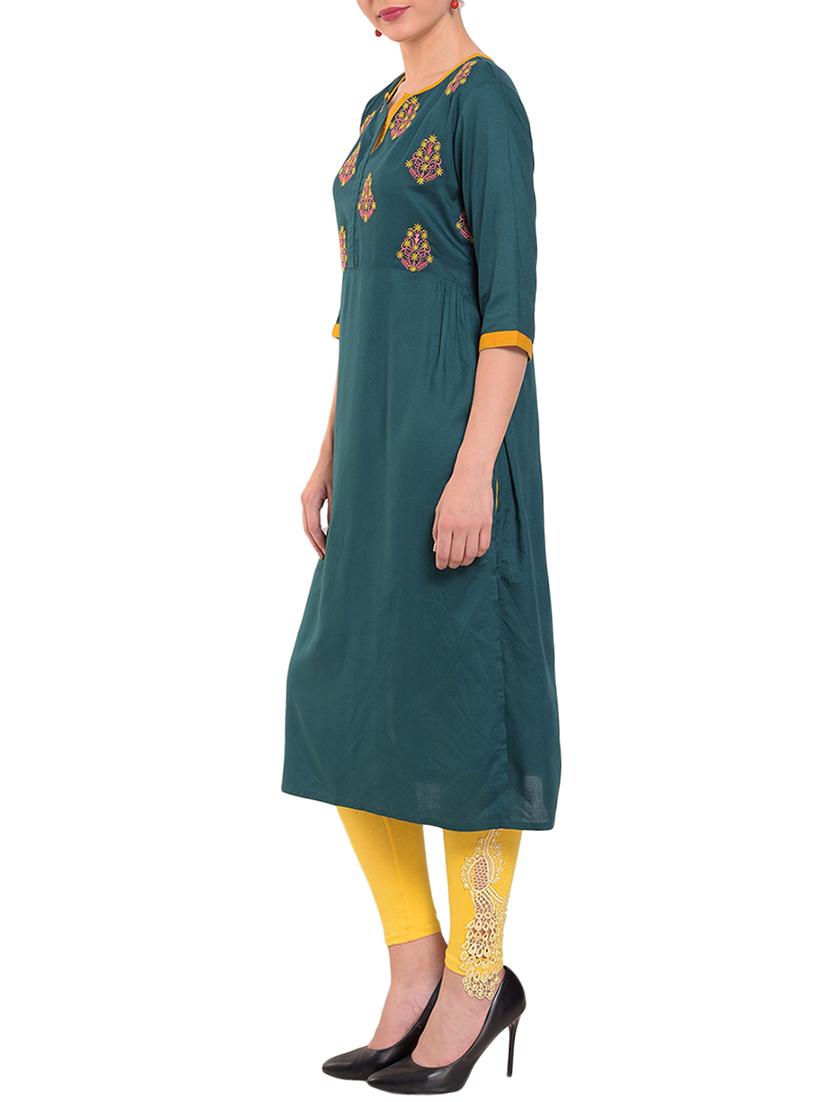 Teal embroidered straight kurta - 15612051 - Zoom Image - 2