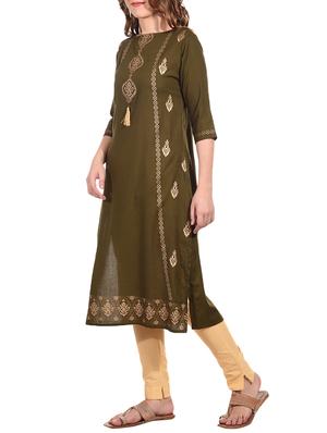 olive foil print straight kurta - 15612125 - Standard Image - 2
