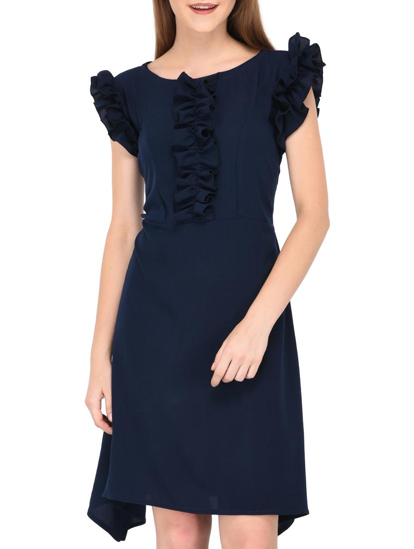 navy blue frill detail asymmetric dress - 15612875 - Zoom Image - 2