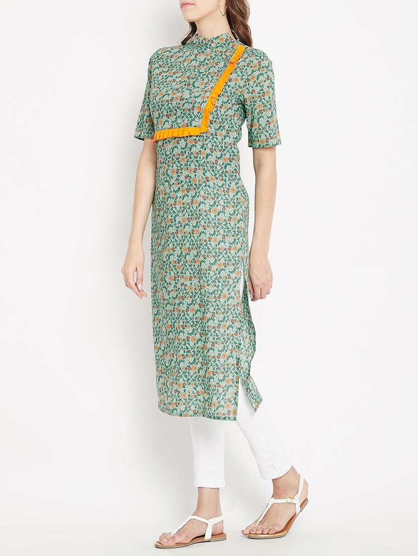 Frilled detail Printed straight kurta - 15613597 - Zoom Image - 2