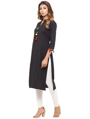 Straight pom pom solid kurta - 15614203 - Standard Image - 2