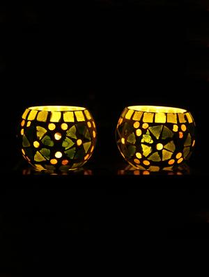 hand crafted glass votives with wooden tray - 15614345 - Standard Image - 2