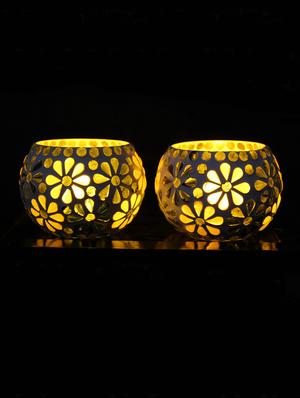 Hand Crafted Glass Votives with wooden Tray - 15614348 - Standard Image - 2