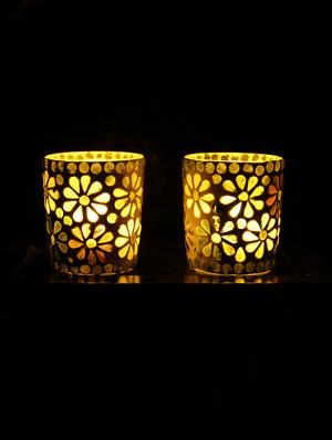Hand Crafted Glass Votives with wooden Tray - 15614355 - Standard Image - 2