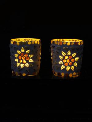 Hand Crafted Glass Votives with wooden Tray - 15614357 - Standard Image - 2