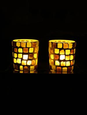Hand Crafted Glass Votives with wooden Tray - 15614358 - Standard Image - 2