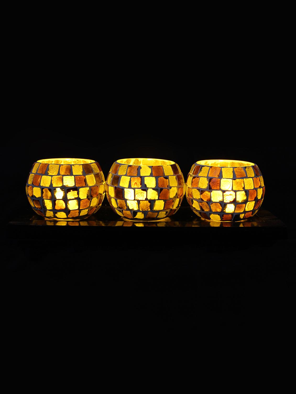 Hand Crafted Glass Votives with wooden Tray - 15614365 - Zoom Image - 2