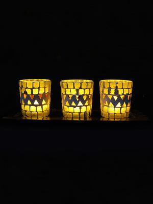 Hand Crafted Glass Votives with wooden Tray - 15614372 - Standard Image - 2