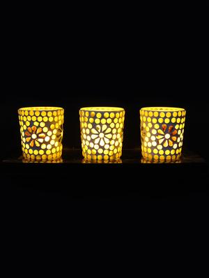 Hand Crafted Glass Votives with wooden Tray - 15614374 - Standard Image - 2