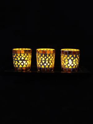 Hand Crafted Glass Votives with wooden Tray - 15614375 - Standard Image - 2