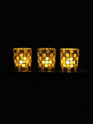 Hand Crafted Glass Votives with wooden Tray - 15614377 - Standard Image - 2