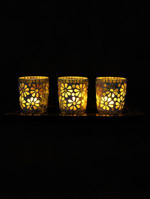 Hand Crafted Glass Votives with wooden Tray - 15614378 - Standard Image - 2