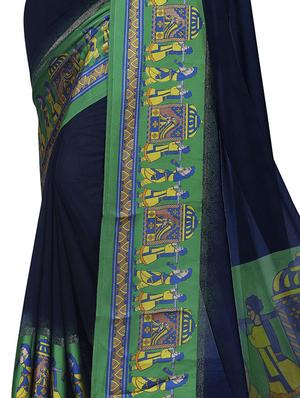 Midnight blue bordered saree with blouse - 15614584 - Standard Image - 2