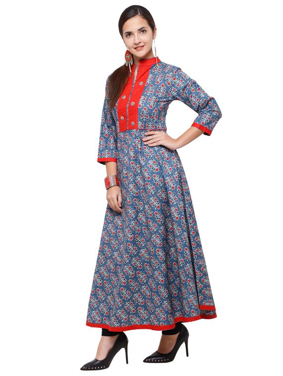 A-line printed piping kurta - 15614834 - Zoom Image - 2