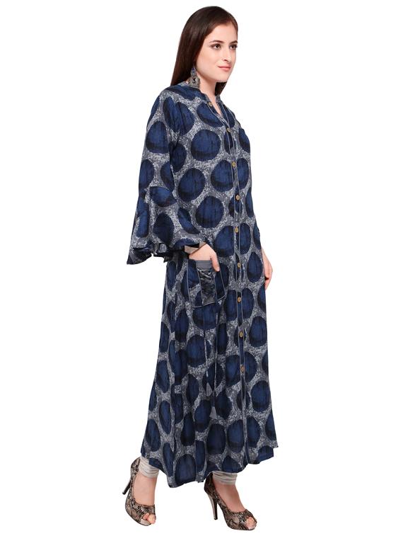 Indigo a-line bell sleeves kurta - 15614839 - Zoom Image - 2