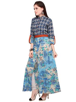 Printed high slit roll up kurta - 15614842 - Standard Image - 2