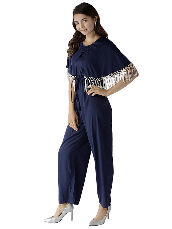 drawstring waist fringed hem overlay jumpsuit - 15615423 - Zoom Image - 2
