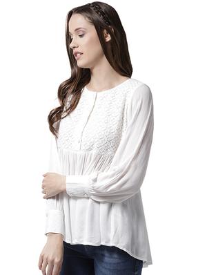 lace yoke gather detail asymmetric top - 15615431 - Standard Image - 2