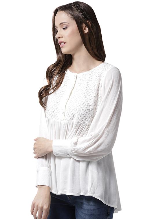 lace yoke gather detail asymmetric top - 15615431 - Zoom Image - 2