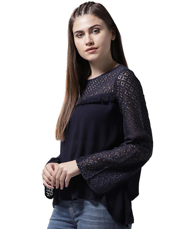 fringe detail lace paneled top - 15615439 - Zoom Image - 2