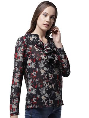ruffled detail mandarin neck top - 15615452 - Standard Image - 2