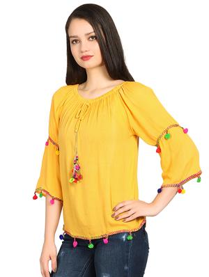gathered neck pom pom detail top - 15615539 - Standard Image - 2