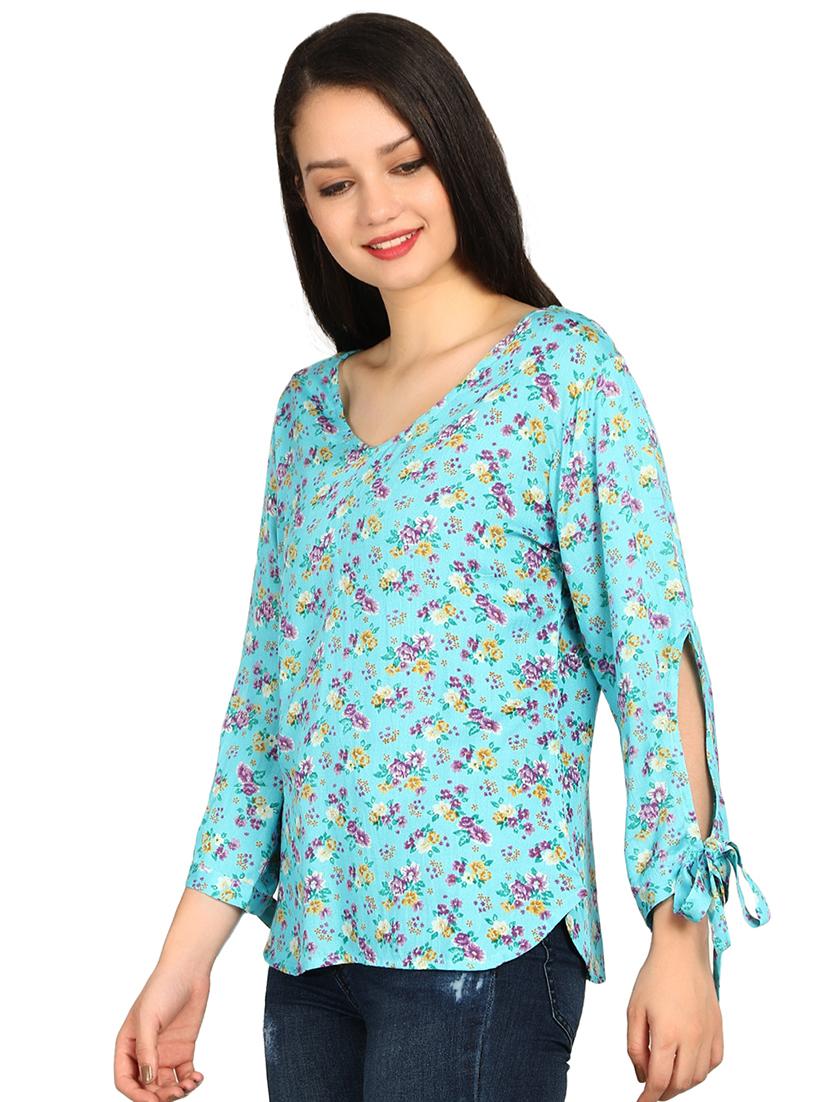 side tie up sleeved ditsy floral top - 15615541 - Zoom Image - 2