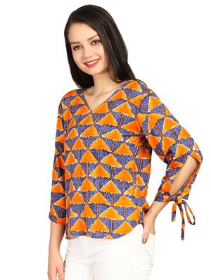 side tie up sleeved geometric print top - 15615542 - Standard Image - 2
