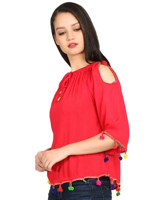 gathered neck pom pom detail top - 15615544 - Standard Image - 2