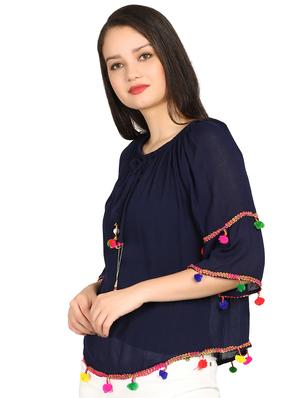gathered neck pom pom detail top - 15615545 - Standard Image - 2