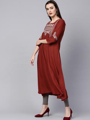 Rust Embroidered a-line kurta - 15616115 - Standard Image - 2
