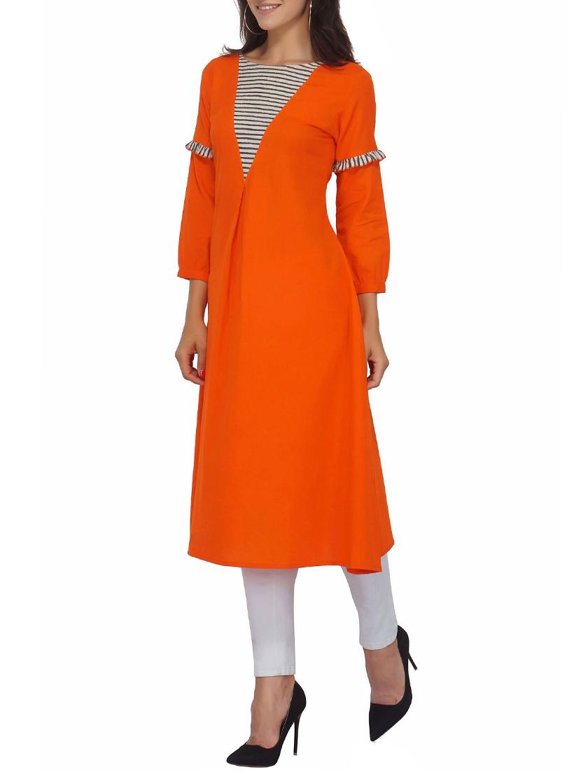 Orange a-line stripes yoke kurta - 15620859 - Zoom Image - 2