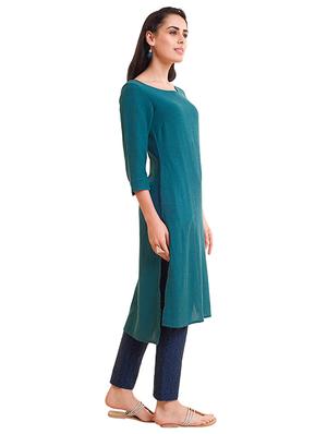 Teal high low straight kurta - 15621835 - Standard Image - 2