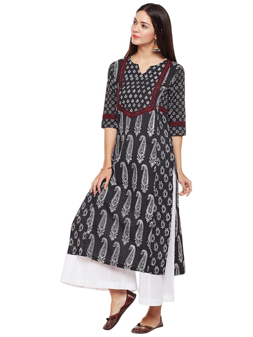 black cotton straight kurta - 15622376 - Zoom Image - 2