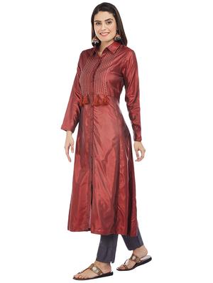 Burgundy art silk a-line kurta with tassels - 15622382 - Standard Image - 2