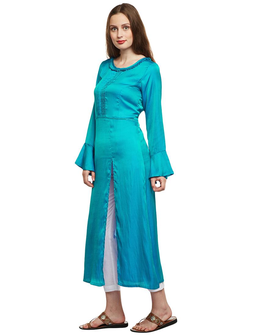 High slit pleated neck solid kurta - 15622383 - Zoom Image - 2