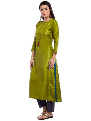 Mehandi art silk straight kurta - 15622391 - Standard Image - 2