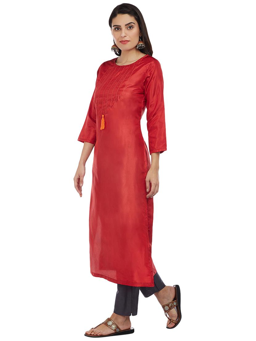 Rose red art silk straight kurta - 15622392 - Zoom Image - 2
