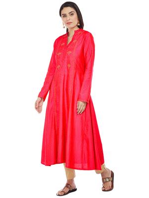 Fuchsia art silk a-line kurta - 15622394 - Standard Image - 2