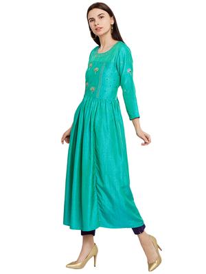 Turquoise art silk a-line kurta - 15622395 - Standard Image - 2