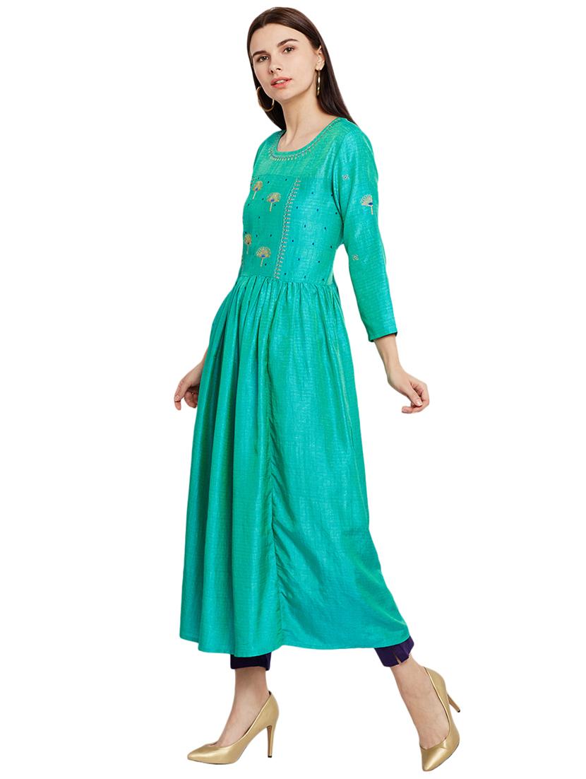 Turquoise art silk a-line kurta - 15622395 - Zoom Image - 2