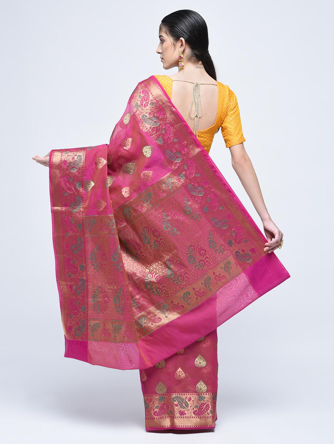 paisley zari border banarasi saree with blouse - 15622867 - Zoom Image - 2